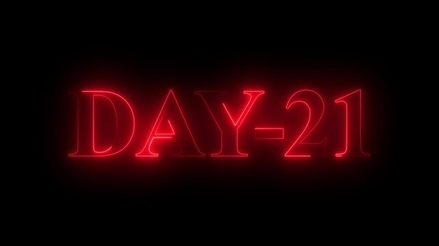 Day 21 text animation by red color neon on black background. neon day 21.