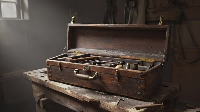Old wooden toolbox holding antique tools in workshop setting