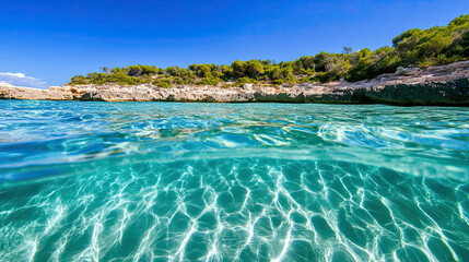 Fototapeta premium Clear water surface with natural waves and reflections of distant light 
