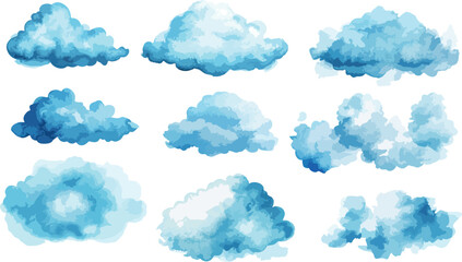 Watercolor Clouds Collection in Blue Tones on White Background for Design
