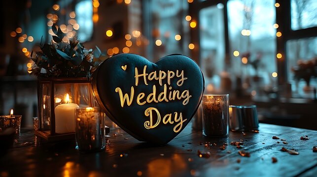 Romantic wedding day celebration image with candles and heart shaped decoration - Powered by Adobe
