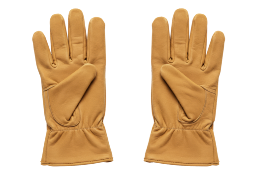 Light brown, tan leather work gloves, soft and pliable with visible stitching, laid open on a transparent background, top-down view, no shadows, concept of quality and protection