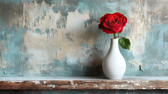 Solitary Beauty: A red rose in a white vase on a rustic shelf, invoking feelings of elegance and solitude.