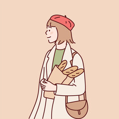 Smiling girl with french loaf in hands. Cartoon vector illustration