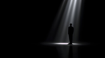 Fototapeta premium Silhouette in the Light: A lone figure stands in stark contrast against a dark backdrop, illuminated by a single, intense beam of light, casting shadows and evoking a sense of introspection.
