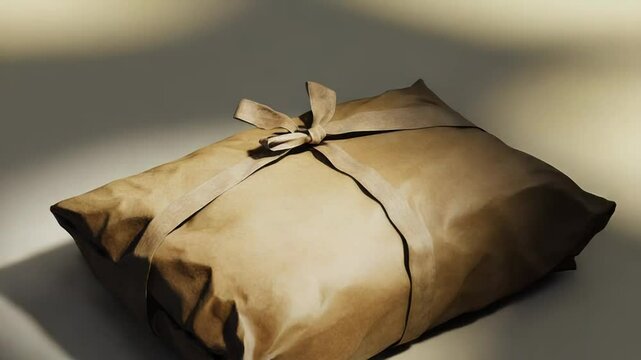 Wrapped package tied with ribbon on white background