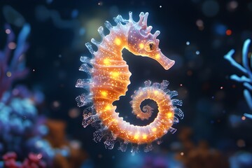 A luminous seahorse floats gracefully in the depths of the ocean among colorful corals