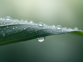 Clear dewdrops on a green leaf