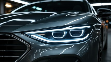 Modern car headlight shining in garage automotive technology and innovation
