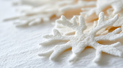 Close up of snow crystals on white surface with macro lens focus on edges 