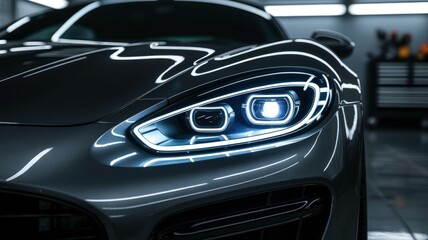 Modern car headlight shining in garage automotive technology and innovation