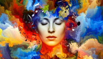Colorful abstract portrait of a woman, head and shoulders, with musical notes
