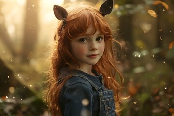 A red haired, bright green eyed girl was in the woods, wearing denim overalls and a hoodie. On her head is a headband of deer ears, adding a whimsical and fairytale touch to her appearance