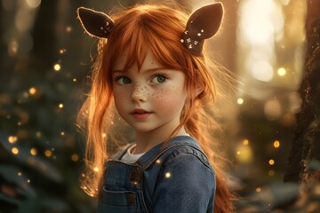 A red haired, bright green eyed girl was in the woods, wearing denim overalls and a hoodie. On her head is a headband of deer ears, adding a whimsical and fairytale touch to her appearance