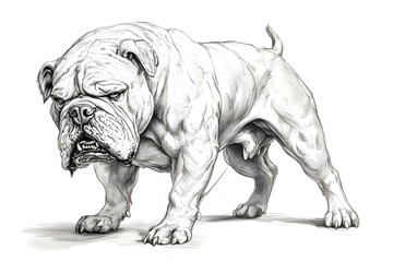 Pencil drawing of angry and fierce bulldog from side view, white background
