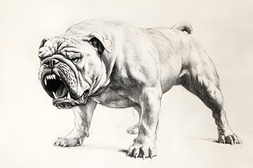 Pencil drawing of angry and fierce bulldog from side view, white background