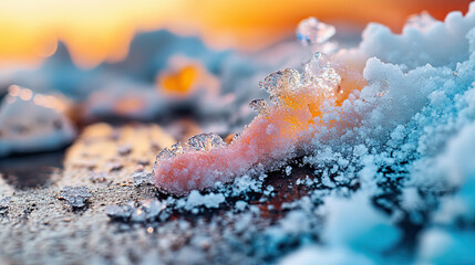 Close up of snow with visible ice crystals, captured at a high magnification 