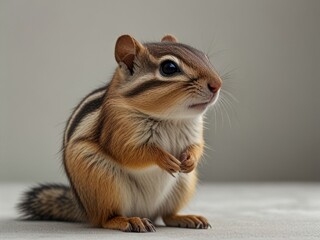 A chipmunk with bold black stripes sits calmly on a smooth surface,  showcasing charm and natural colors. AI generated.