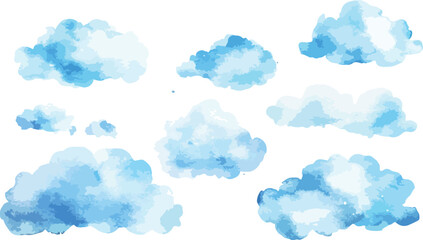 Watercolor Blue Cloud Set on White Background for Design Elements