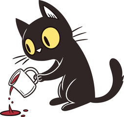 Obraz premium Vector art of a cute black cat spilling coffee from a mug, creating a funny and whimsical scene