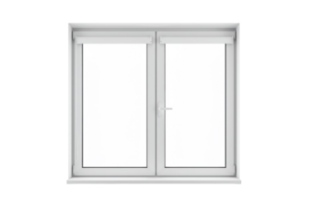 A modern, sleek white four-pane window frame with a subtle retracted roller blind and a clean sill, all against a seamless transparent studio background with bright, even, shadowless lighting,