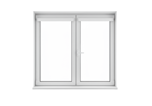 A modern, sleek white four-pane window frame with a subtle retracted roller blind and a clean sill, all against a seamless transparent studio background with bright, even, shadowless lighting,