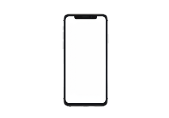 A sleek black and silver smartphone with a blank white screen and dynamic island notch, vertically centered on a transparent isolated background with copy space, no shadows, minimalist modern