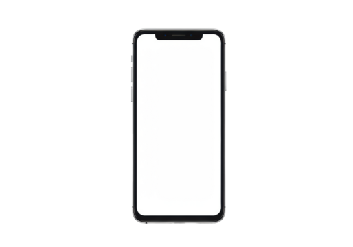 A sleek black and silver smartphone with a blank white screen and dynamic island notch, vertically centered on a transparent isolated background with copy space, no shadows, minimalist modern
