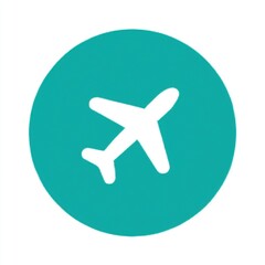Fototapeta premium Minimalist white airplane silhouette on circular teal-green background, clean design for air-travel or aviation concepts, basic outline of wings and fuselage.