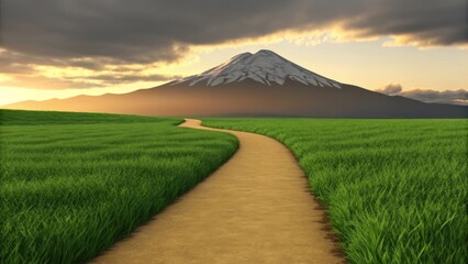 Winding dirt path through a lush green field towards a majestic snow capped mountain