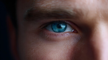Captivating Gaze: A close-up shot focuses on an intense blue eye, its pupil reflecting intricate detail and the captivating essence of humanity.