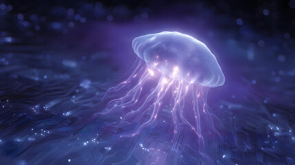 Obraz premium Luminous Jellyfish: A mesmerizing jellyfish glows with ethereal light, gracefully gliding through the depths of the ocean, a dance of nature.