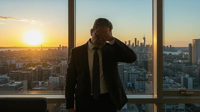 夕陽の沈む都会を背に、眼精疲労をこらえる中年ビジネスマン