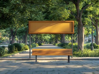 Empty park bench and advertisement space beneath lush trees.