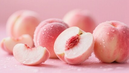 Pink peaches, dotted with water droplets, a combination of whole and cut fruits, presenting a fresh and attractive visual effect.
