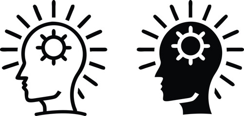 Human Head with Sun Brain Icon – Black and White Positive Mindset Vector Illustration