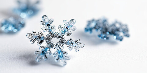 Crystal-clear snowflakes isolated on a white background with visible patterns 