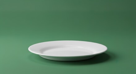 A solitary white ceramic plate sits against a plain green background, portraying simplicity and minimalism