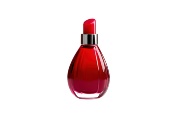 Red lipstick shaped perfume bottle with silver accent isolated on a transparent background liquid