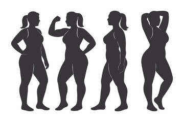 Curvy Woman Silhouettes: A collection of four elegant silhouettes of a curvy woman, showcasing different poses and perspectives, symbolizing body positivity and self-acceptance.