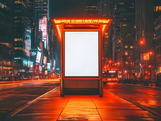 Empty billboard in a busy city street at night.