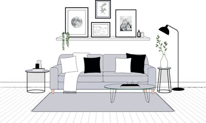 A living room scene featuring a sofa with pillows, a rug, and framed artwork on a shelf above