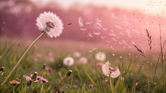 Floating dandelions on a soft pink breeze background representing healing, change, and wishes for recovery, aligned with breast cancer awareness visuals