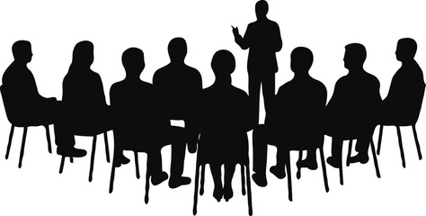 Silhouette of an Engaging Dialogue: A stark black and white silhouette depicts a captivating scene of group discussion.