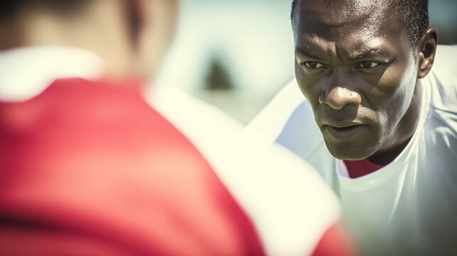 Soccer player in defensive stance intensely tracking the ball during match, determined athlete preparing for tackle in competitive game, sports action and teamwork concept.