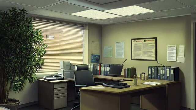 Empty office interior with desk, computer and blinds on window