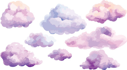 Watercolor Clouds in Pastel Shades on White Background for Creative Designs