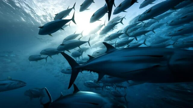 海中で群泳する大きなマグロたち