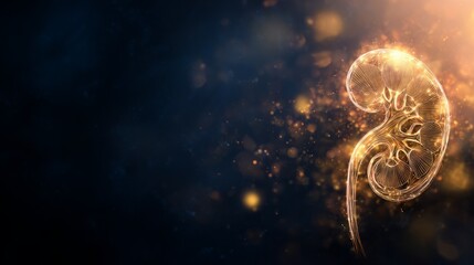 Close-up of healthy human kidney with glowing golden light symbolizing healing and recovery, medical and healthcare concept for organ donation, transplant surgery, urology and nephrology.