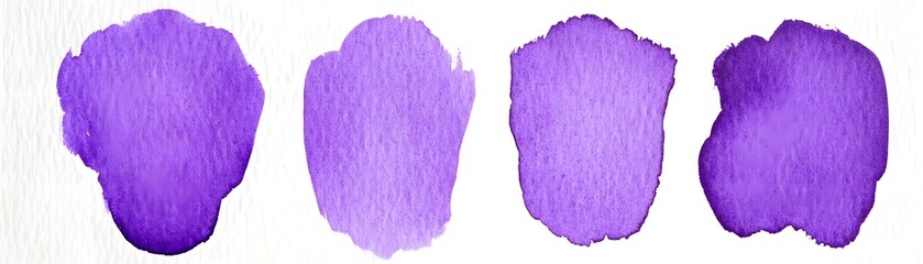 Four watercolor paint blots in shades of purple.